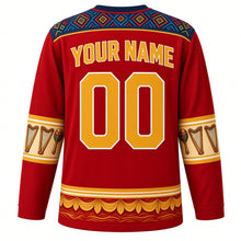 Load image into Gallery viewer, Venezuela Original Hockey Jersey in Llanos Red, back view with your name and number – Wayuu-inspired woven-diamond yoke and joropo harp-and-maracas sleeve bands