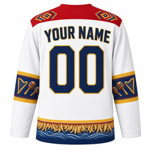 Load image into Gallery viewer, Venezuela Original Hockey Jersey in Tepui Mist White, back view with your name and number – Wayuu-inspired woven-diamond yoke and joropo harp-and-maracas sleeve bands