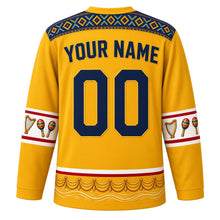 Load image into Gallery viewer, Venezuela Original Hockey Jersey in Araguaney Yellow, back view with your name and number – Wayuu-inspired woven-diamond yoke and joropo harp-and-maracas sleeve bands