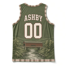 Load image into Gallery viewer, Vermont Covered Bridge Original Basketball Jersey in Moss Green, back view with your name and number