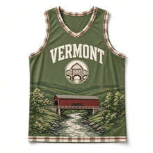 Load image into Gallery viewer, Vermont Covered Bridge Original Basketball Jersey in Moss Green, front view – custom name and number