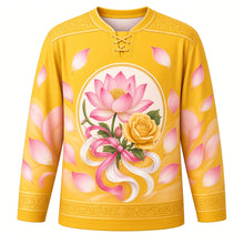 Load image into Gallery viewer, Vietnamese Women's Day Original Hockey Jersey in Golden Yellow, front view with themed artwork and clean crest