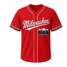 Load image into Gallery viewer, Vintage Camera Milwaukee Baseball Jersey in Shutter Red, front view – classic film camera graphic, custom name and number