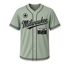Load image into Gallery viewer, Vintage Camera Milwaukee Baseball Jersey in Film Sage, front view – classic film camera graphic, custom name and number