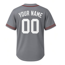 Load image into Gallery viewer, Vintage Camera Milwaukee Baseball Jersey in Lens Steel Gray, back view with your name and number – custom block name and number with film-strip sleeves