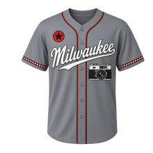 Load image into Gallery viewer, Vintage Camera Milwaukee Baseball Jersey in Lens Steel Gray, front view – classic film camera graphic, custom name and number