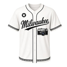 Load image into Gallery viewer, Vintage Camera Milwaukee Baseball Jersey in Darkroom White, front view – classic film camera graphic, custom name and number