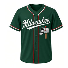 Load image into Gallery viewer, Vintage Mailbox Milwaukee Baseball Jersey in Country Lane Green, front view – round-top mailbox with red flag raised graphic, custom name and number