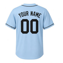 Load image into Gallery viewer, Vintage Mailbox Milwaukee Baseball Jersey in Airmail Sky Blue, back view with your name and number – custom block name and number with chevron sleeves