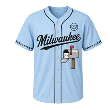Load image into Gallery viewer, Vintage Mailbox Milwaukee Baseball Jersey in Airmail Sky Blue, front view – round-top mailbox with red flag raised graphic, custom name and number