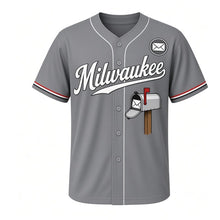 Load image into Gallery viewer, Vintage Mailbox Milwaukee Baseball Jersey in Route Steel Gray, front view – round-top mailbox with red flag raised graphic, custom name and number