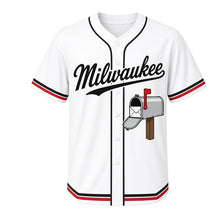 Load image into Gallery viewer, Vintage Mailbox Milwaukee Baseball Jersey in Postcard White, front view – round-top mailbox with red flag raised graphic, custom name and number