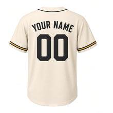 Load image into Gallery viewer, Vinyl Record Shop Milwaukee Baseball Jersey in Album Sleeve Cream, back view with your name and number – custom block name and number with groove-stripe sleeves