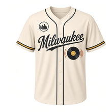 Load image into Gallery viewer, Vinyl Record Shop Milwaukee Baseball Jersey in Album Sleeve Cream, front view – vinyl record and sound-wave graphic with equalizer crest, custom name and number