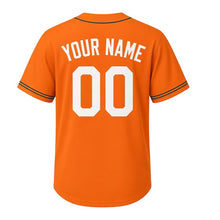 Load image into Gallery viewer, Vinyl Record Shop Milwaukee Baseball Jersey in Retro Orange, back view with your name and number – custom block name and number with groove-stripe sleeves