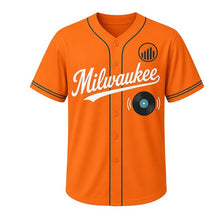 Load image into Gallery viewer, Vinyl Record Shop Milwaukee Baseball Jersey in Retro Orange, front view – vinyl record and sound-wave graphic with equalizer crest, custom name and number