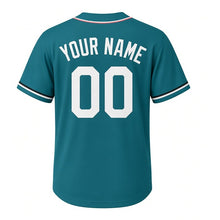 Load image into Gallery viewer, Vinyl Record Shop Milwaukee Baseball Jersey in Turntable Teal, back view with your name and number – custom block name and number with groove-stripe sleeves
