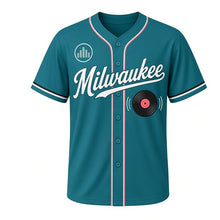 Load image into Gallery viewer, Vinyl Record Shop Milwaukee Baseball Jersey in Turntable Teal, front view – vinyl record and sound-wave graphic with equalizer crest, custom name and number