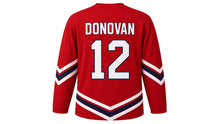 Load image into Gallery viewer, Virginia Lance Hockey Jersey - Donovan #12 in Brick Red, back view with arched name DONOVAN and big number 12 – custom name and number
