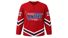 Load image into Gallery viewer, Virginia Lance Hockey Jersey - Donovan #12 in Brick Red, front view – recreated vintage Virginia Lancers chest logo, chevron stripe bands on the sleeves and hem, number 12 on the sleeves – custom name and number