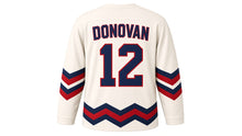Load image into Gallery viewer, Virginia Lance Hockey Jersey - Donovan #12 in Ivory White, back view with arched name DONOVAN and big number 12 – custom name and number
