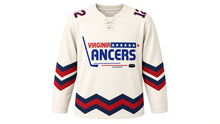 Load image into Gallery viewer, Virginia Lance Hockey Jersey - Donovan #12 in Ivory White, front view – recreated vintage Virginia Lancers chest logo, chevron stripe bands on the sleeves and hem, number 12 on the sleeves – custom name and number
