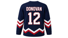 Load image into Gallery viewer, Virginia Lance Hockey Jersey - Donovan #12 in Navy, back view with arched name DONOVAN and big number 12 – custom name and number