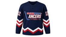 Load image into Gallery viewer, Virginia Lance Hockey Jersey - Donovan #12 in Navy, front view – recreated vintage Virginia Lancers chest logo, chevron stripe bands on the sleeves and hem, number 12 on the sleeves – custom name and number