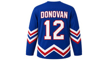 Load image into Gallery viewer, Virginia Lance Hockey Jersey - Donovan #12 in Royal Blue, back view with arched name DONOVAN and big number 12 – custom name and number