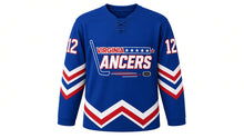 Load image into Gallery viewer, Virginia Lance Hockey Jersey - Donovan #12 in Royal Blue, front view – recreated vintage Virginia Lancers chest logo, chevron stripe bands on the sleeves and hem, number 12 on the sleeves – custom name and number