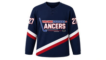 Load image into Gallery viewer, Virginia Lance Hockey Jersey - Hayes #27 in Midnight Navy, front view – recreated vintage Virginia Lancers chest logo, bold diagonal stripes across the body and sleeves, number 27 on the sleeves – custom name and number