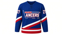 Load image into Gallery viewer, Virginia Lance Hockey Jersey - Hayes #27 in Royal Blue, front view – recreated vintage Virginia Lancers chest logo, bold diagonal stripes across the body and sleeves, number 27 on the sleeves – custom name and number