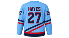 Load image into Gallery viewer, Virginia Lance Hockey Jersey - Hayes #27 in Sky Blue, back view with arched name HAYES and big number 27 – custom name and number