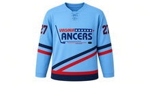 Load image into Gallery viewer, Virginia Lance Hockey Jersey - Hayes #27 in Sky Blue, front view – recreated vintage Virginia Lancers chest logo, bold diagonal stripes across the body and sleeves, number 27 on the sleeves – custom name and number