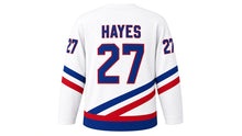 Load image into Gallery viewer, Virginia Lance Hockey Jersey - Hayes #27 in Away White, back view with arched name HAYES and big number 27 – custom name and number