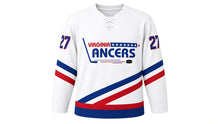 Load image into Gallery viewer, Virginia Lance Hockey Jersey - Hayes #27 in Away White, front view – recreated vintage Virginia Lancers chest logo, bold diagonal stripes across the body and sleeves, number 27 on the sleeves – custom name and number