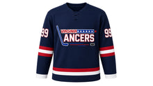 Load image into Gallery viewer, Virginia Lance Hockey Jersey - Langley #99 in Navy, front view – recreated vintage Virginia Lancers chest logo, wide double stripes and contrasting cuffs, number 99 on the sleeves – custom name and number