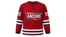 Load image into Gallery viewer, Virginia Lance Hockey Jersey - Langley #99 in Cardinal Red, front view – recreated vintage Virginia Lancers chest logo, wide double stripes and contrasting cuffs, number 99 on the sleeves – custom name and number