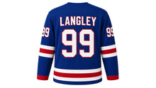 Load image into Gallery viewer, Virginia Lance Hockey Jersey - Langley #99 in Royal Blue, back view with arched name LANGLEY and big number 99 – custom name and number