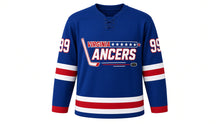 Load image into Gallery viewer, Virginia Lance Hockey Jersey - Langley #99 in Royal Blue, front view – recreated vintage Virginia Lancers chest logo, wide double stripes and contrasting cuffs, number 99 on the sleeves – custom name and number