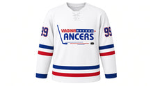 Load image into Gallery viewer, Virginia Lance Hockey Jersey - Langley #99 in Away White, front view – recreated vintage Virginia Lancers chest logo, wide double stripes and contrasting cuffs, number 99 on the sleeves – custom name and number