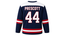 Load image into Gallery viewer, Virginia Lance Hockey Jersey - Prescott #44 in Dark Navy, back view with arched name PRESCOTT and big number 44 – custom name and number