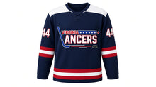 Load image into Gallery viewer, Virginia Lance Hockey Jersey - Prescott #44 in Dark Navy, front view – recreated vintage Virginia Lancers chest logo, a contrasting shoulder yoke and triple stripe bands, number 44 on the sleeves – custom name and number