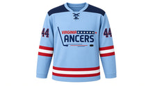 Load image into Gallery viewer, Virginia Lance Hockey Jersey - Prescott #44 in Powder Blue, front view – recreated vintage Virginia Lancers chest logo, a contrasting shoulder yoke and triple stripe bands, number 44 on the sleeves – custom name and number