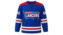 Load image into Gallery viewer, Virginia Lance Hockey Jersey - Prescott #44 in Royal Blue, front view – recreated vintage Virginia Lancers chest logo, a contrasting shoulder yoke and triple stripe bands, number 44 on the sleeves – custom name and number