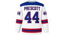 Load image into Gallery viewer, Virginia Lance Hockey Jersey - Prescott #44 in Away White, back view with arched name PRESCOTT and big number 44 – custom name and number