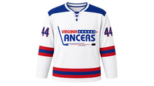 Load image into Gallery viewer, Virginia Lance Hockey Jersey - Prescott #44 in Away White, front view – recreated vintage Virginia Lancers chest logo, a contrasting shoulder yoke and triple stripe bands, number 44 on the sleeves – custom name and number