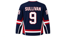 Load image into Gallery viewer, Virginia Lance Hockey Jersey - Sullivan #9 in Navy, back view with arched name SULLIVAN and big number 9 – custom name and number