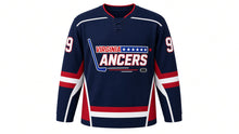 Load image into Gallery viewer, Virginia Lance Hockey Jersey - Sullivan #9 in Navy, front view – recreated vintage Virginia Lancers chest logo, geometric side panels with red, white and blue piping, number 9 on the sleeves – custom name and number