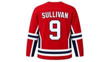Load image into Gallery viewer, Virginia Lance Hockey Jersey - Sullivan #9 in Scarlet Red, back view with arched name SULLIVAN and big number 9 – custom name and number